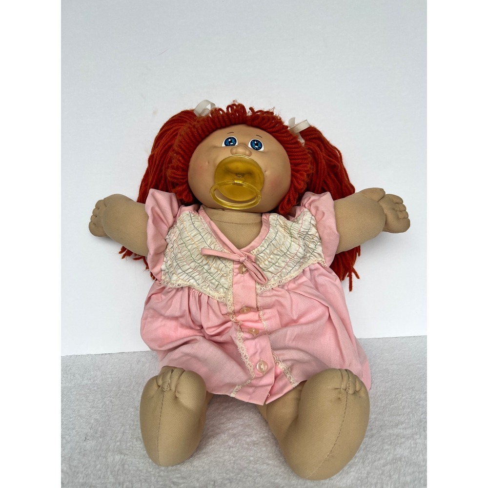 Vintage Cabbage Patch Kids Doll Red Yarn Hair Pink Dress Pacifier 16 inch